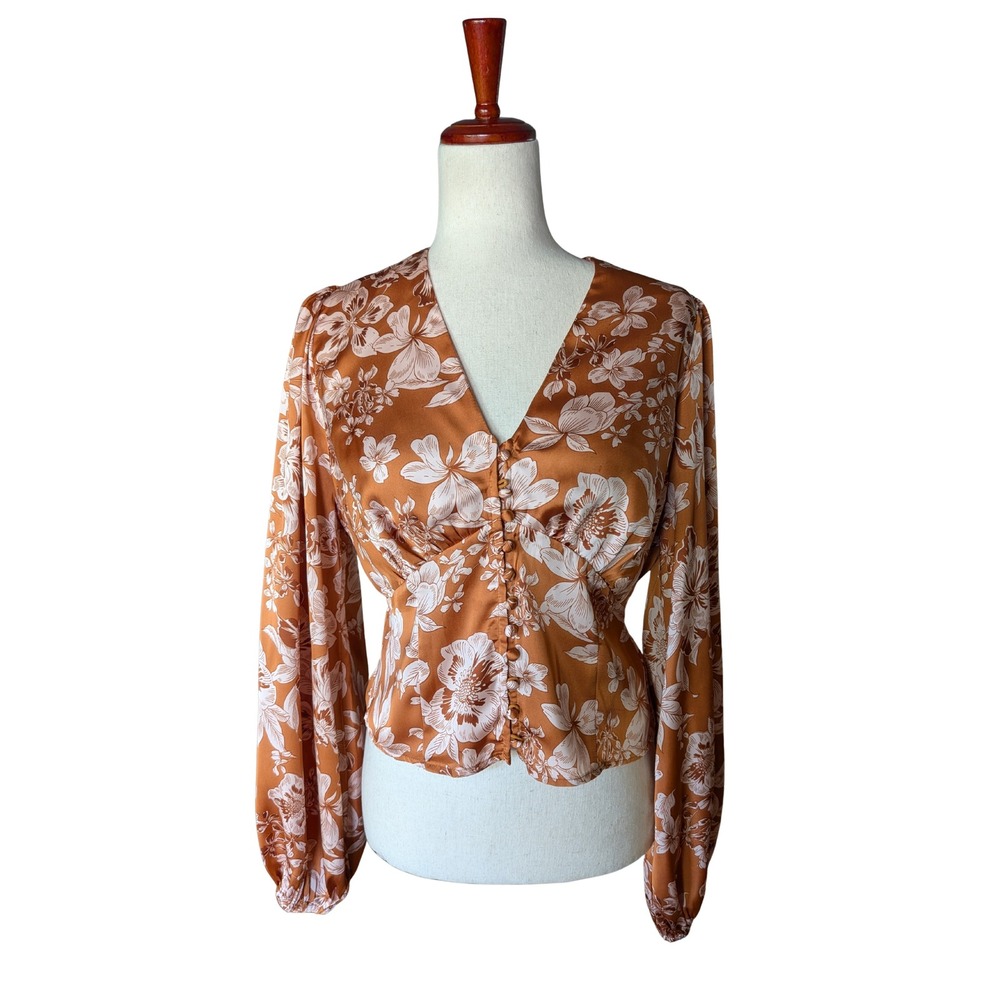 Bohme Womens Rust Orange Floral Satin Button Front Bishop Sleeve Blouse Size‎ M